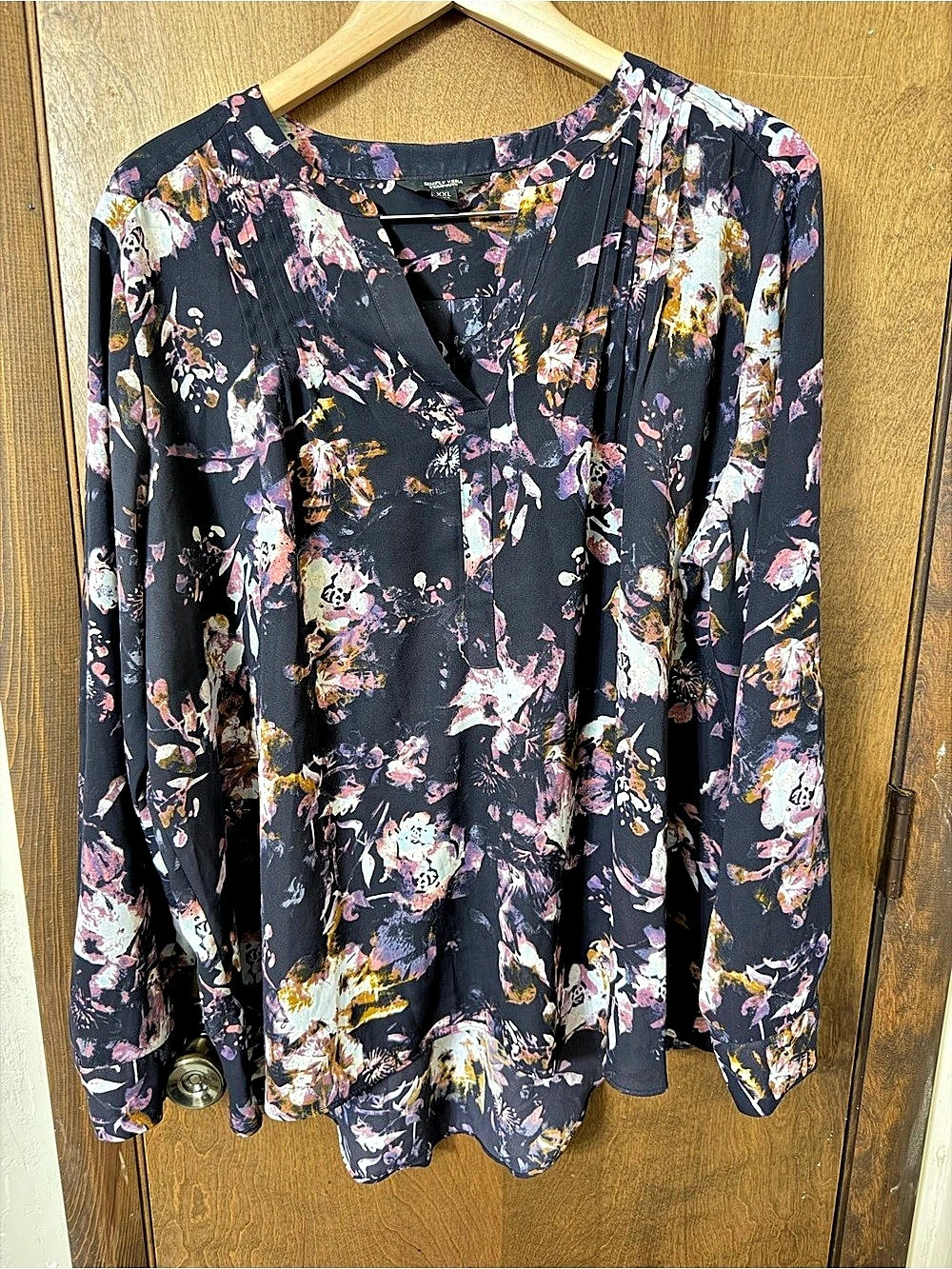 Simply Vera Vera Wang XXL Floral Print Pleated V-Neck Blouse Deep Purple & Pink